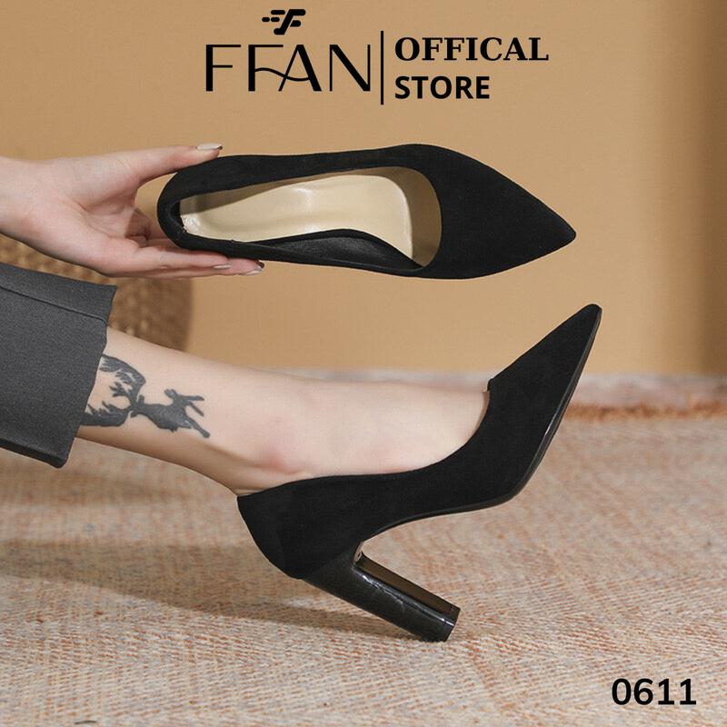 Giày cao gót mũi nhọn nữ [da lộn mềm mại] gót vuông 0611 FFAN STORE, bít mũi 5 7 9 phân màu đen big size
