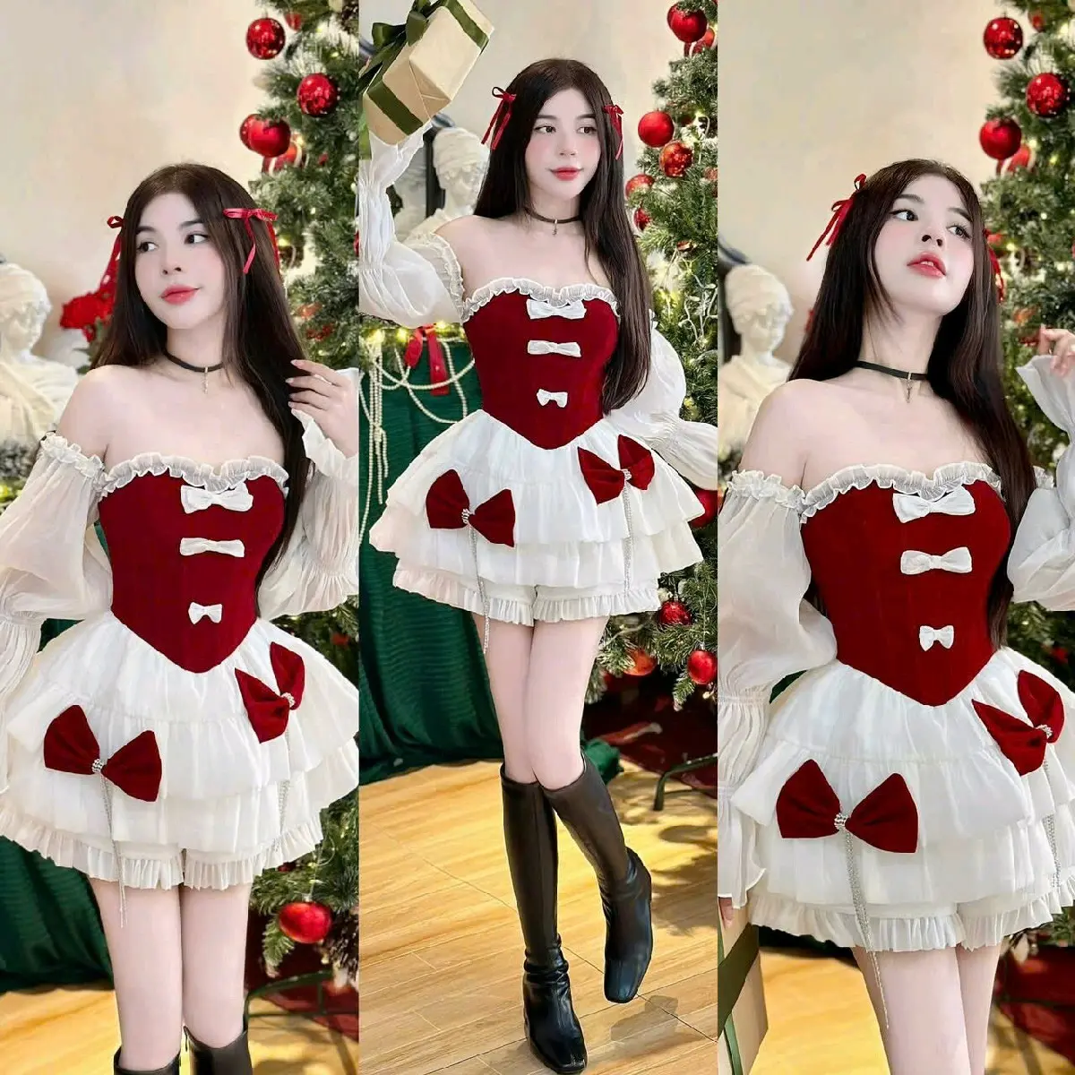Đầm xoè tầng cúp phối nhung đỏ trễ vai tay phồng đính nơ dây