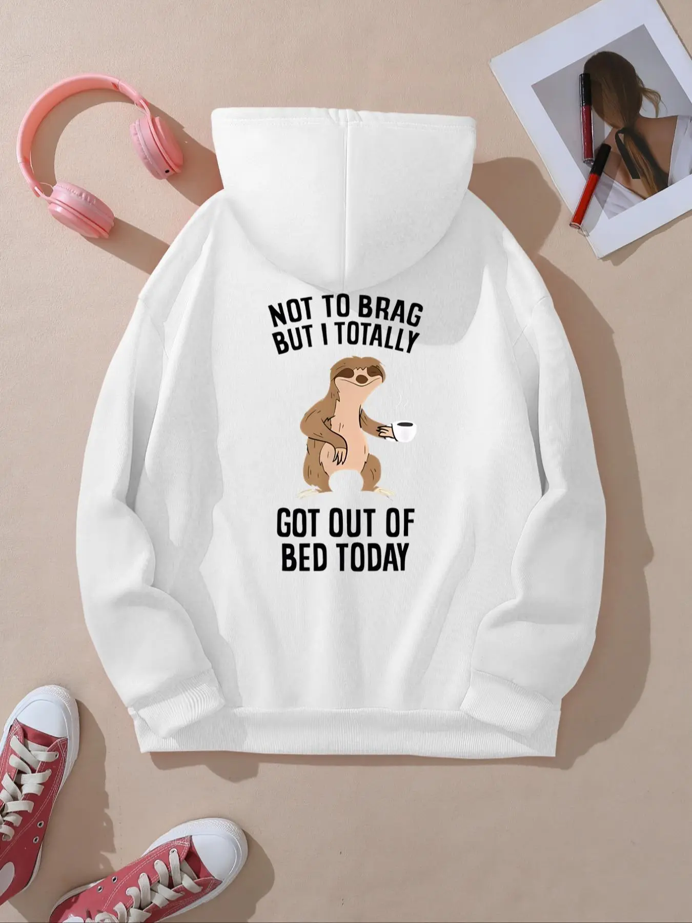 Women's Cartoon Sloth & Letter Print Drawstring Pocket Hoodie, Fashion Casual Hooded Sweatshirt for Daily Holiday Wear, Women Clothing for Fall & Winter