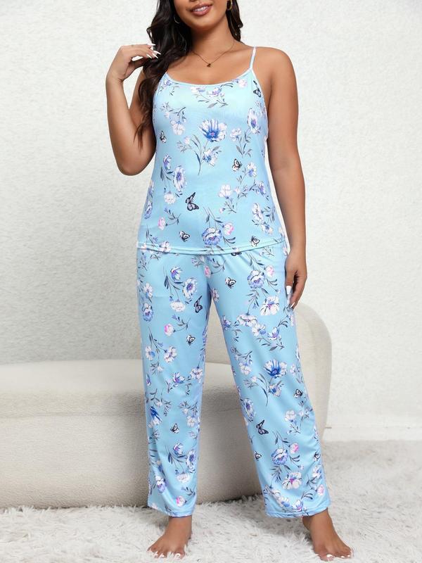 Plus Size Two-piece Set Floral & Butterfly Print Pajamas Set, Casual Cami Top & Elastic Waist Pants, Women's Plus Size Sleepwear for All Seasons 7