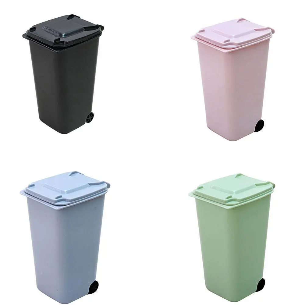 Household Office Creative Wheelie Mini Trash Can Desktop Dustbin Waste Bins Small Mini Bucket P1F8