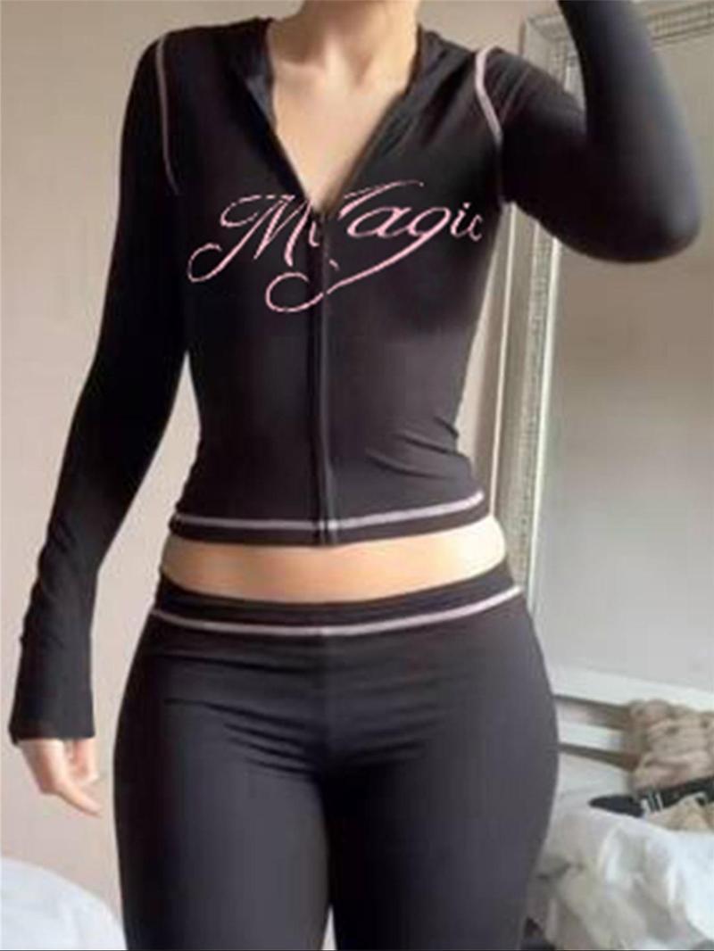 Product Introduction of Women's Letter Print Zip Up Hooded Coat, Casual Long Sleeve Zip Front Outerwear for Fall & Winter, Ladies Clothes for Daily Wear 4