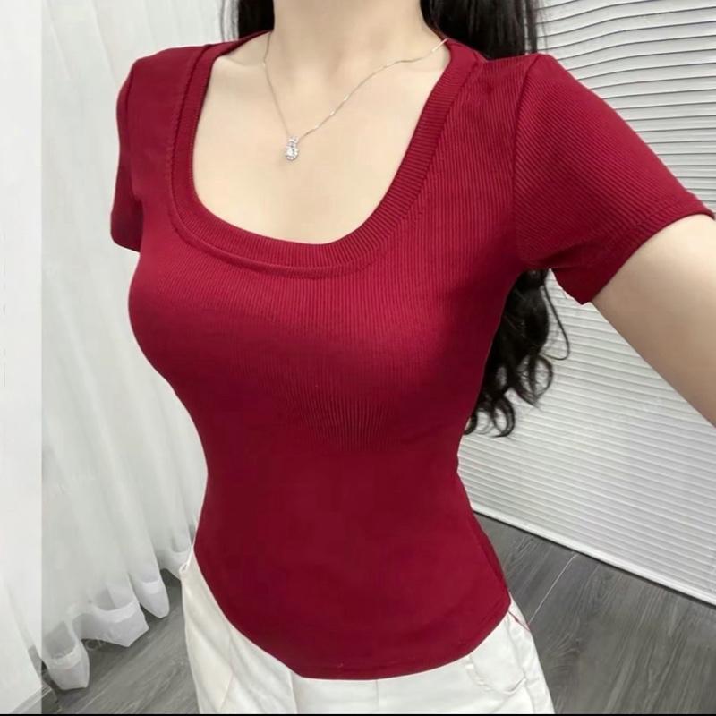 [02] Áo thun trơn Nữ cổ Vuông vải thun gân tăm mát