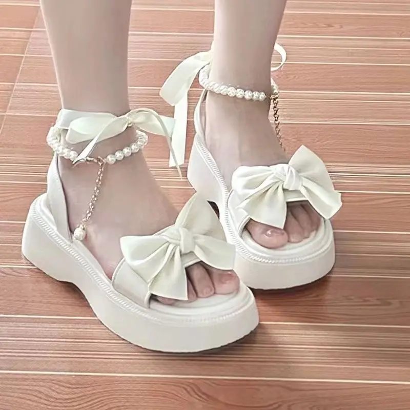 Xăng Đan Kỳ Nghỉ Công Chúa Hàn Quốc Cho Nữ, Nền Tảng Nơ Mới, Phong Cách Thanh Lịch Với Váy, Giày La Mã, Mùa Hè