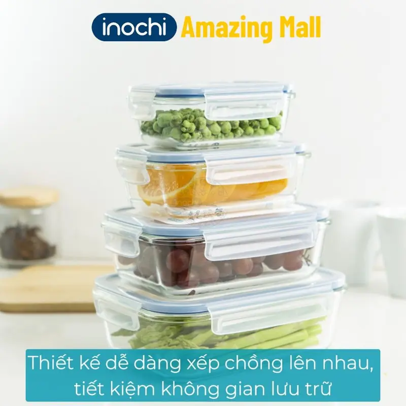 Hộp thủy tinh chịu nhiệt Nikko Inochi nắp trắng có lổ thoát hơi khóa 4 chấu chắc chắn Inochi Amazing Mall 4