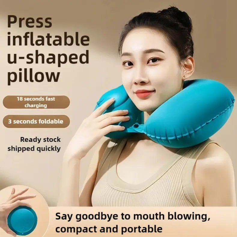 Inflatable U-Shaped Neck Pillow - Portable Travel Neck Support with Massage Function, Comfortable & Adjustable Cervical Pillow for Airplane, Car & Office Use