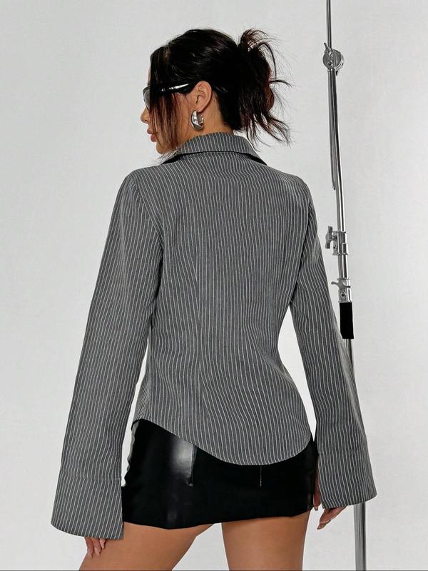 Women's Striped Print Button Front Split Sleeve Shirt, Elegant Curved Hem Long Sleeve Collared Top for Spring & Fall, Clothes for Women, Ladies Clothes for Daily Wear, Clothes for Women, Womenswear 1