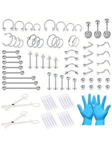 Rhinestone Decor Mixed Piercing Kit, Stainless Steel Nose Septum Septum/Tragus Earrings/Belly Ring/Nipple Studs/Tongue Lip Ring Kit, Body Jewelry for Men & Women