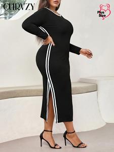 CURVZY Plus Size Contrast Binding Split Hem Bodycon Dress, Casual Long Sleeve Round Neck Ribbed Dress for Autumn & Winter, Women's Clothing for Daily Wear