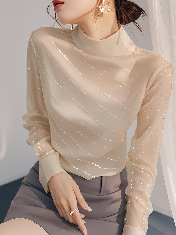 Product Introduction of Beautiful Blouse French Style Temperament Top Light Beige Sequined Long Sleeve Women's Shirts Womenswear Lingerie Comfort Basic Minimalist 8