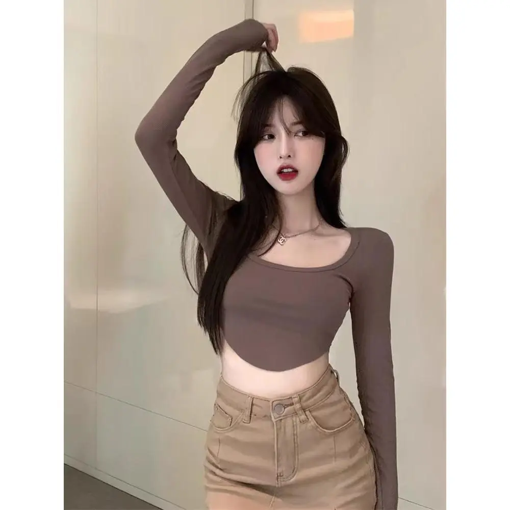Foreign Trade Sweet and Spicy Sexy Pure Desire Square Neck Long Sleeve T-Shirt for Women Spring and Autumn Crop Low Neck Short Base Shirt Wholesale