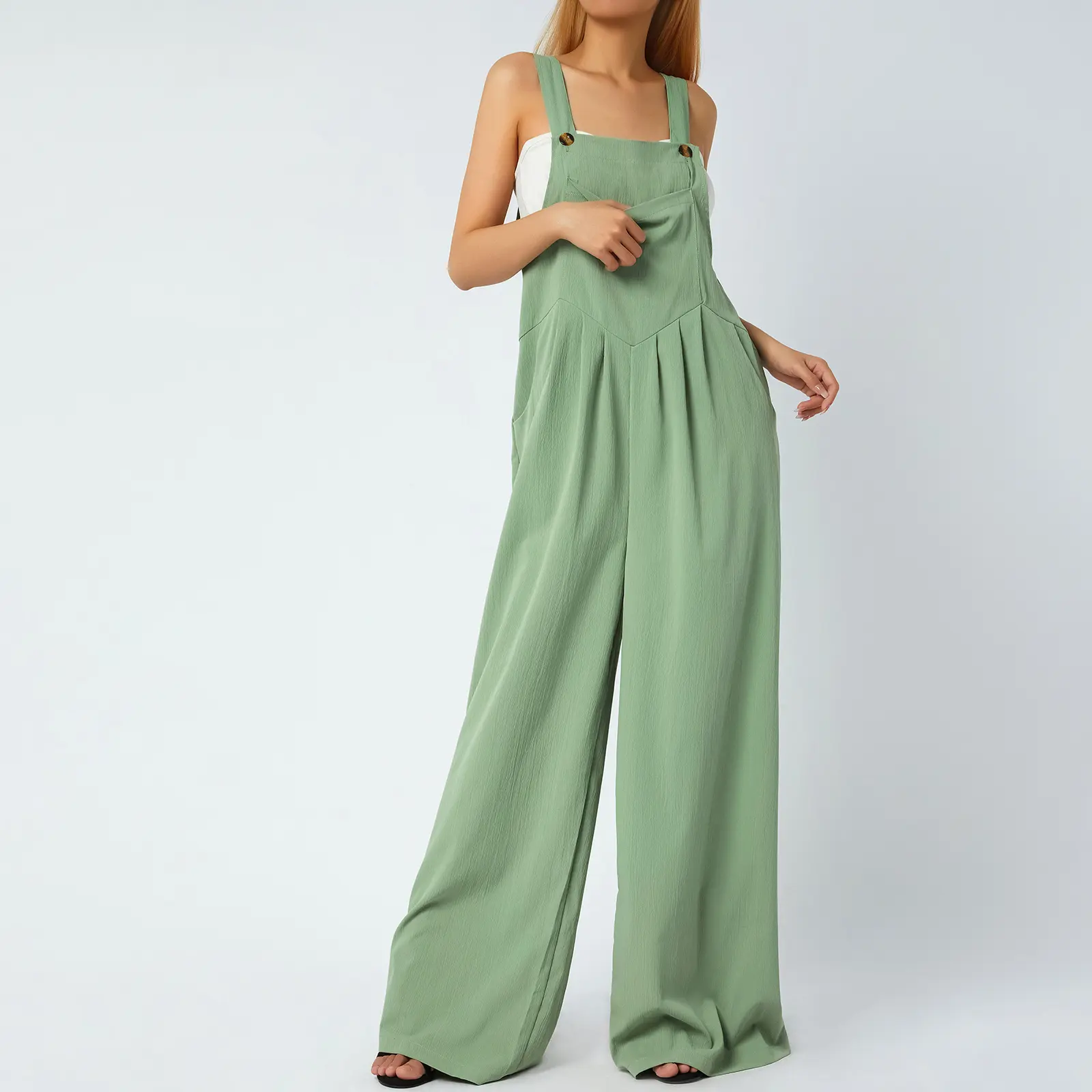 Women’s Fashion Solid Color Jumpsuit Casual Button Wide Leg Suspender Overalls with Pockets