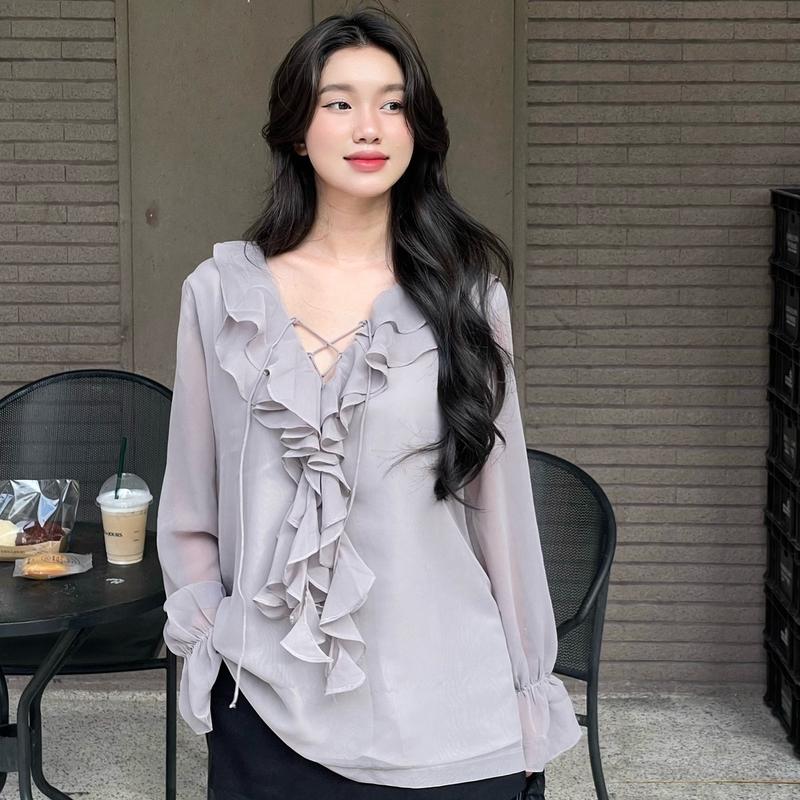 Áo voan tơ tay dài bèo có dây đan cổ | De Ari Nữ Top Women Sơ Mi