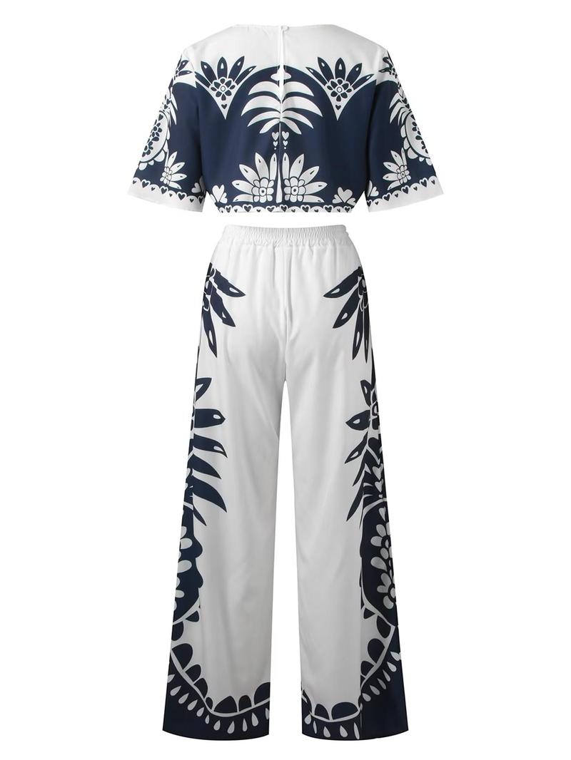 Product Introduction of Women's Floral Print Batwing Sleeve Top & Drawstring Waist Pants Two-piece Set, Elegant Fashion Casual Round Neck Top & Trousers for Daily Outdoor Wear, Ladies for Summer 2