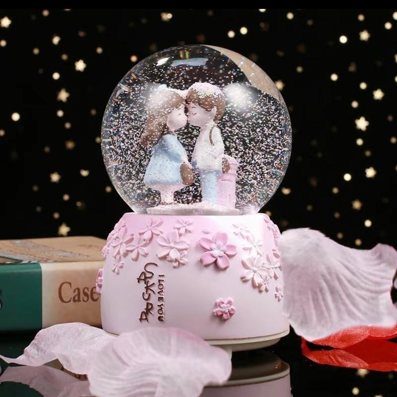 Hộp Nhạc Pha Lê Quả Cầu Đôi, Hình Bông Tuyết Lãng Mạn Và Sáng Tạo, Quà Tặng Ngày Lễ Tình Nhân, Quả Cầu Pha Lê Tuyết Có Hộp Phát Nhạc Và Đèn Phát Sáng Cặp Đôi, Decor hộp nhạc yêu story noel