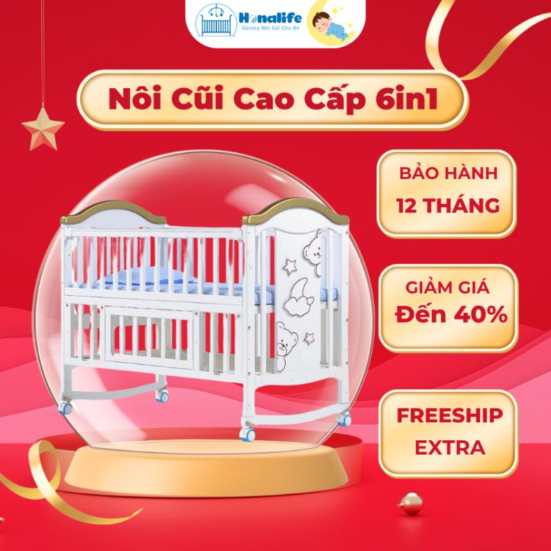 Cũi trắng cho bé, nôi sơ sinh đa năng 6 chế độ, dê dàng tháo lắp di chuyển đi lại