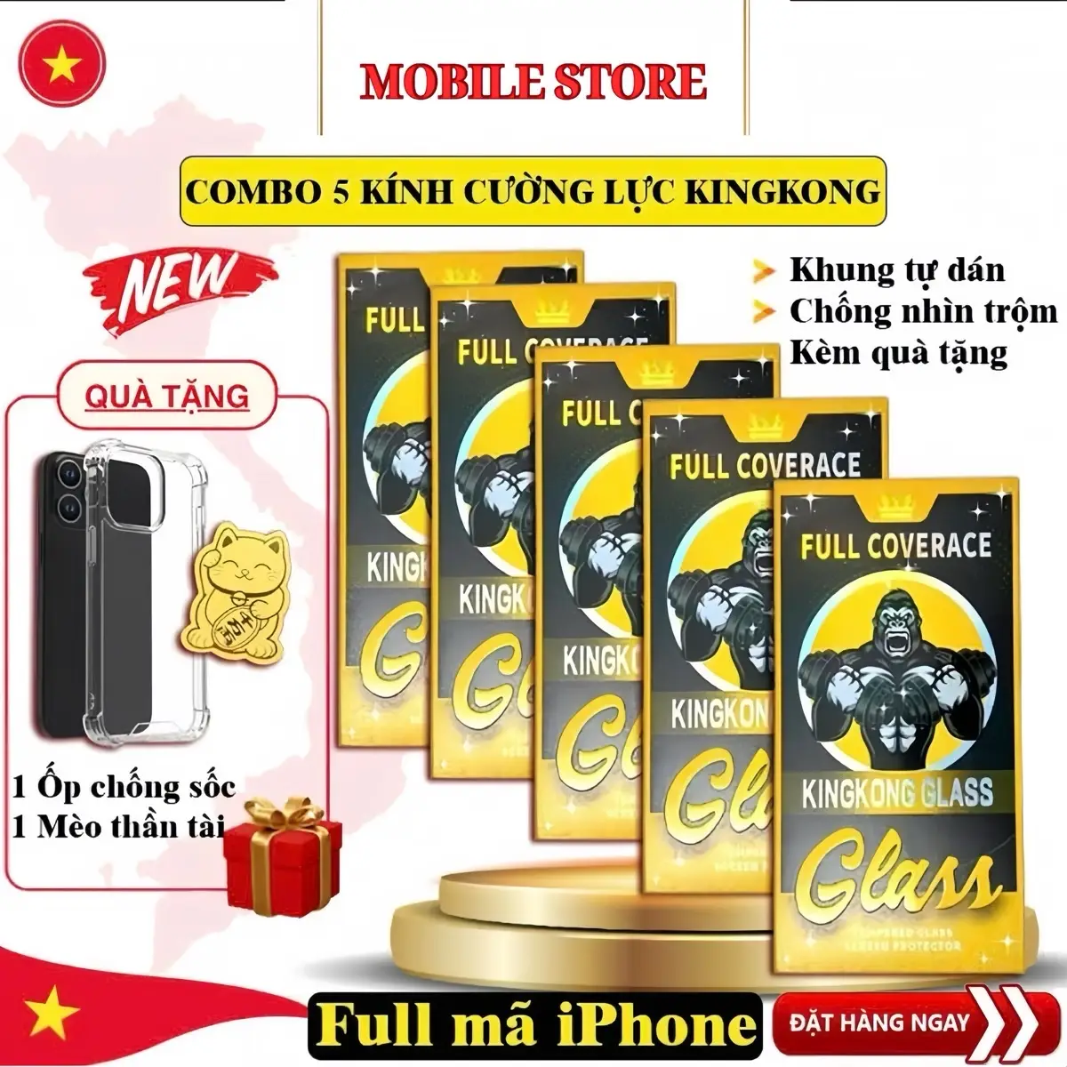 ( Chống Nhìn Trộm ) Combo 5 Kính Cường Lực Kingkong Glass Tặng Ốp Chống Sốc Và Mèo Thần Tài Phụ Kiện