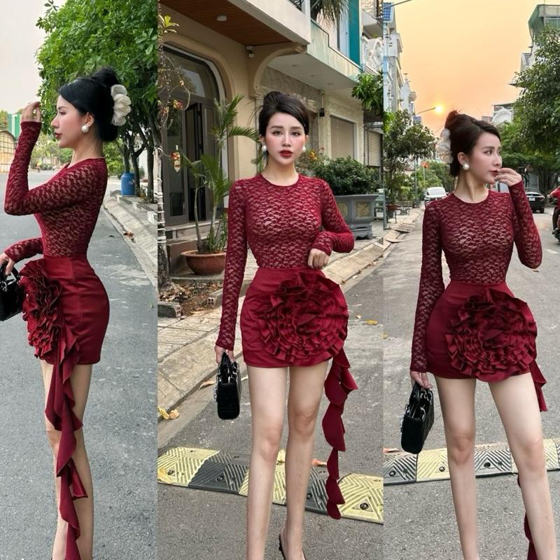 SALE Set áo ren kèm chân váy hoa to sang chảnh không đụng hàng. Áo vải ren nhung hoa nổi cao cấp may 2 lớp dày dặn ko sợ mỏng. Chân váy fom ôm nhẹ đính Hoa hồng to rất sang. Hoa được kết tay thủ công chắc chắn.bên trong có lót quần ạ. Dưới 50kg s