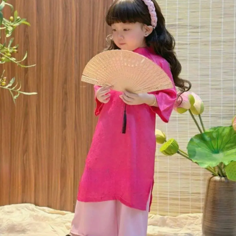 Bộ Áo dài truyền thống cho bé gái cao cấp đũi nhăn và gấm - Thương hiệu uy tín, tặng kèm bờm tóc tone suit tone - Sandal 4