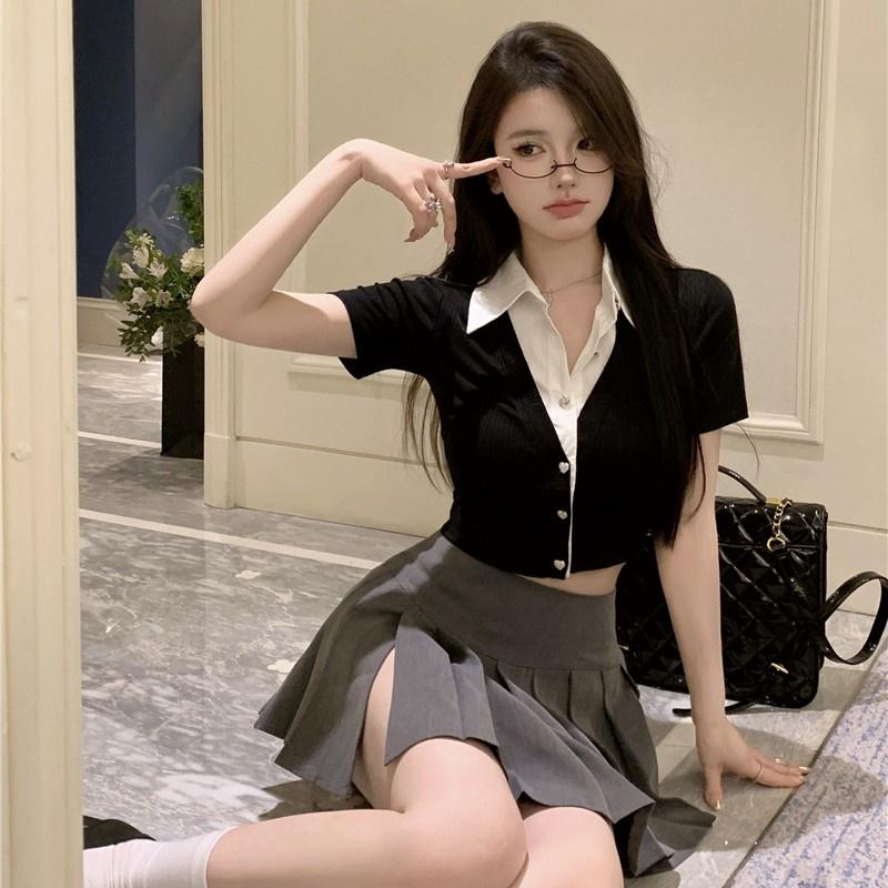 Áo Sơ Mi Ngắn Tay, Gợi Cảm, Paneled, Ve Áo, Bó Sát 5