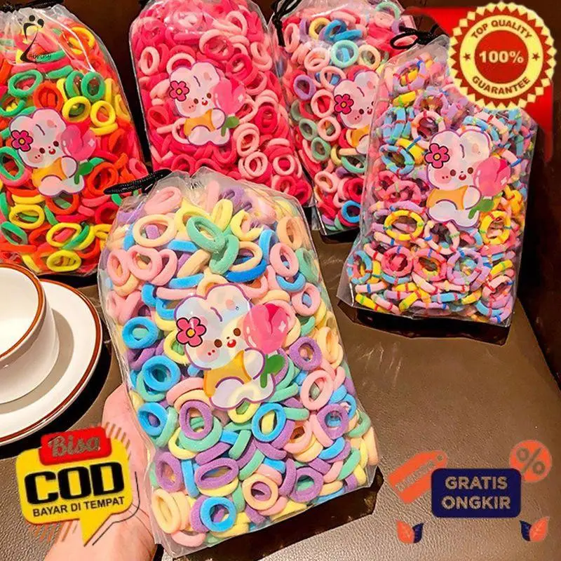 [TR] 200pcs Ikat Karet Rambut Donat Jumbo Pouch Warna Warni Elastis Mini Untuk  Anak  Perempuan  Scrunchies Wanita Gaya Fashion