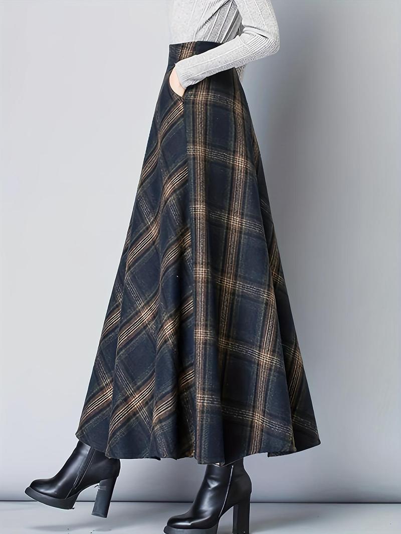 Product Introduction of Women's Plaid Print Pocket High Waist Skirt, Casual Fashion Long Skirt for Daily Outdoor Wear, Women's Bottoms for Spring & Fall 1