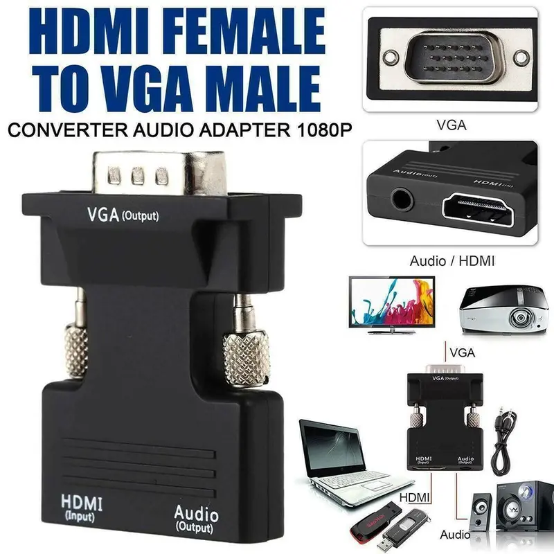 Cáp HDMI sang VGA, Đầu ra tín hiệu nam VGA, Bộ điều hợp âm thanh, Bộ chuyển đổi tương thích HDMI, Cáp HDMI, với cáp âm thanh 1