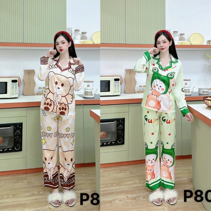 Bộ Đồ Pyjama Nữ Tay dài Quần dài Cổ tạo kiểu Chất Lụa Hàn Mặc nhà Dạo phố thoáng mát
