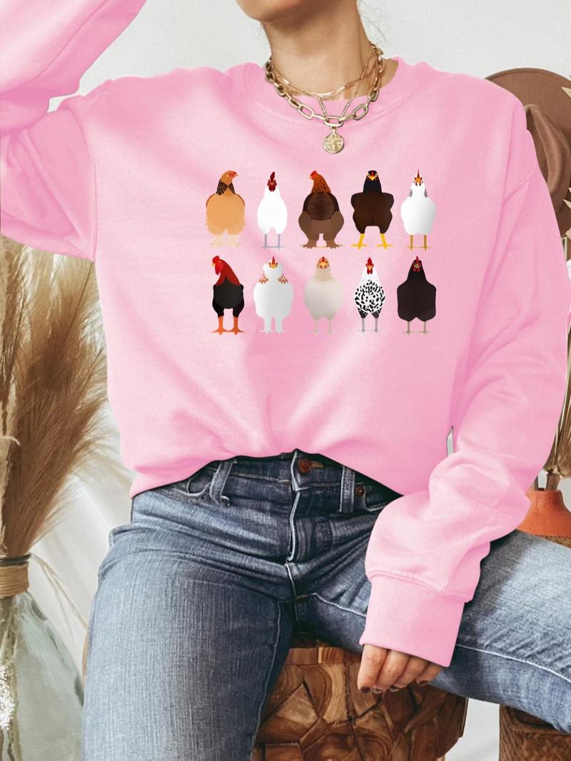 Product Introduction of Women's Chicken Print Crew Neck Sweatshirt, Casual Long Sleeve Pullover for Fall & Winter, Women's Clothes for Daily Wear 7