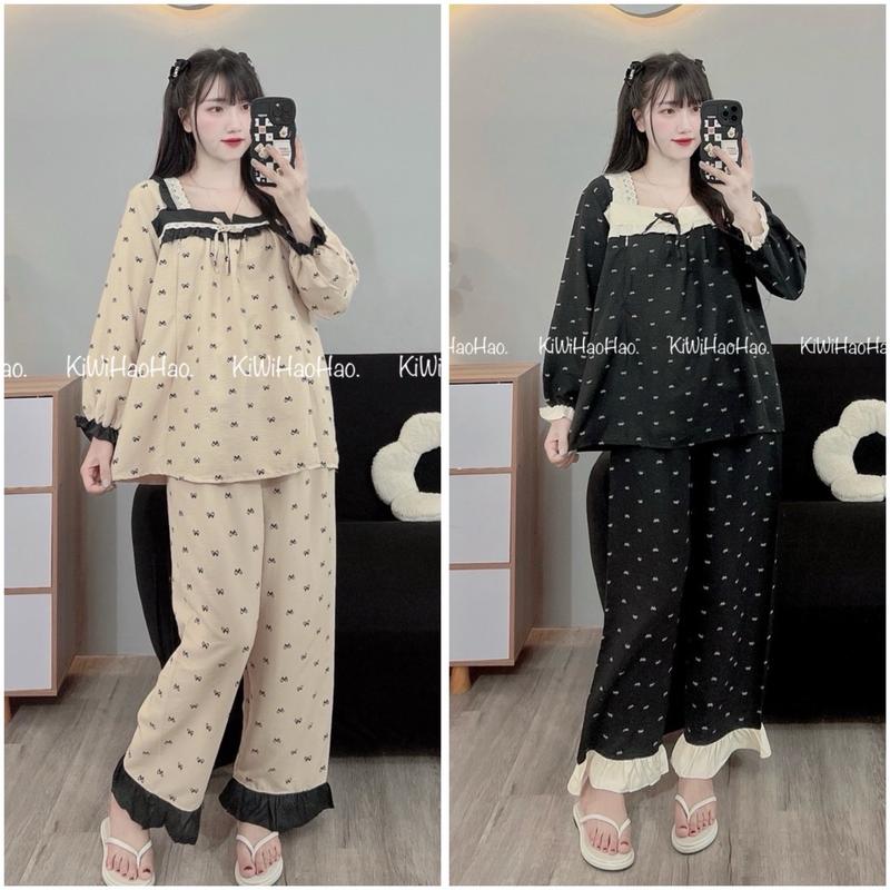 Bộ bầu - bộ sau sinh - BỘ ĐŨI NHĂN DÀI HÌNH NƠ CỔ VUÔNG REN - 2 Màu,áo có khóa kéo hai bên,quần có chun chỉnh Tiện Lợi 0