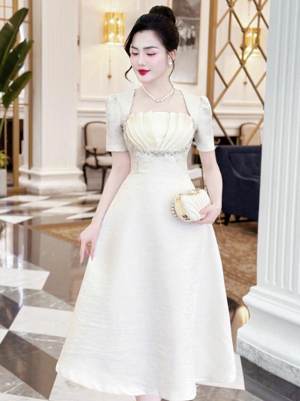 MIỄN SHIP MDU4537 Váy Tafta Gấm Cao Cấp - Thiết Kế Dáng Xòe Nhẹ Và Tay Bồng Duyên Dáng Dành Cho Nữ Women Dress Màu Trắng