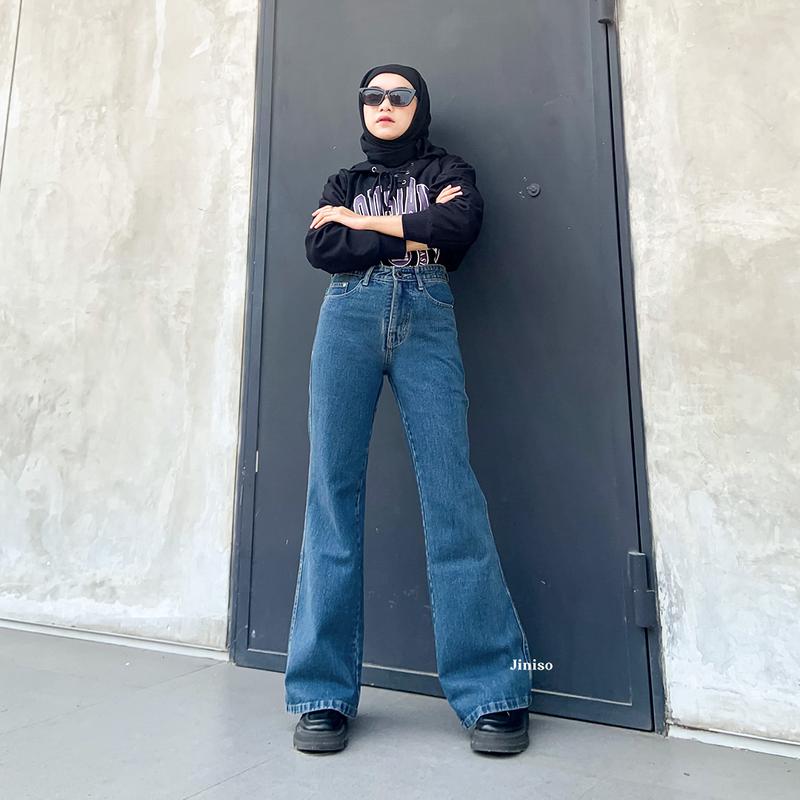 JINISO HOTTY GANG - 329 Cutbray Highwaist Celana Jeans Wanita Warna Ocean Blue 5