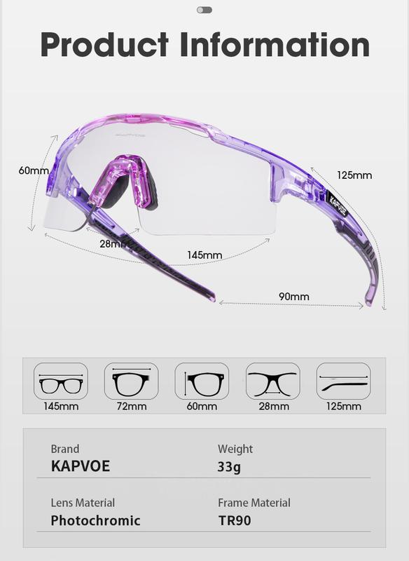 Product Introduction of KAPVOE Anti-fog Photochromic lenses Cycling Glasses Men Women UV400 Fishing glasses Outdoor Bike Riding Sunglasses Driving hiking Running Eyewear Sports Anti-fog Goggles 20