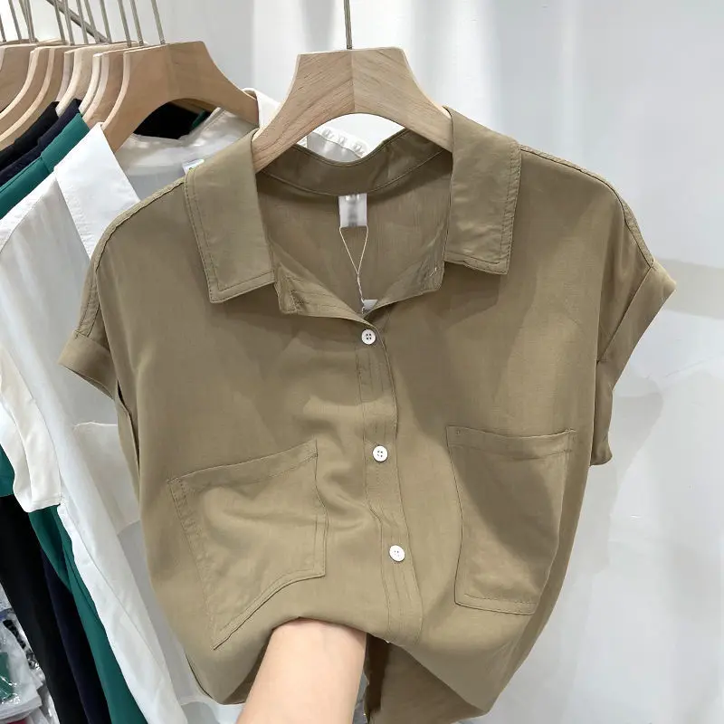 Áo Sơ Mi Trơn Ngắn Tay Cho Nữ, Thiết Kế Mỏng, Dáng Rộng, Giấu Bụng, Áo Phong Cách Hàn Quốc, Mùa Hè