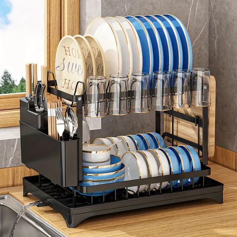 Product Introduction of 【】2-tier Dish Drying Rack, 1 Count Large Capacity Countertop Dish Storage Rack With Utensil Holder, Cutlery Rack With Drainboard, Kitchen Utensil Organizer, Kitchen Accessories 0