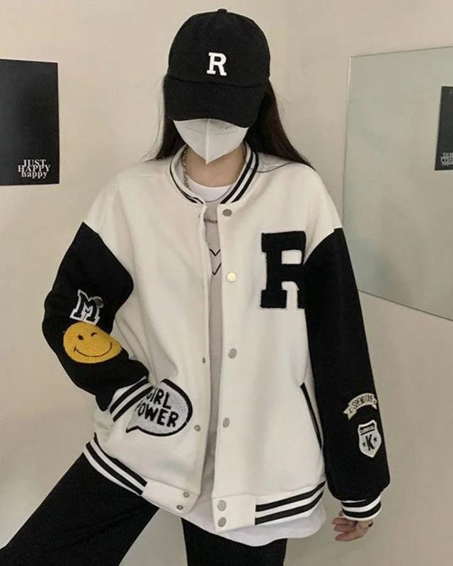 R Jaket Basebal Varsity Jaket Wanita Keren Jaket Besbol Remaja Keren Bahan Fleece Tebal 1
