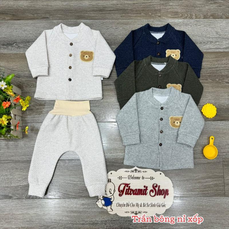 Bộ dài trần bông nỉ xốp cổ trụ quần cạp cao cho bé