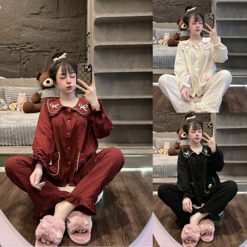 H32 Bộ Ngủ Nữ Chất Đũi Hàn Trơn Cổ ĐÍnh Nơ Kiểu Dáng Tiểu Thư Dễ Thương