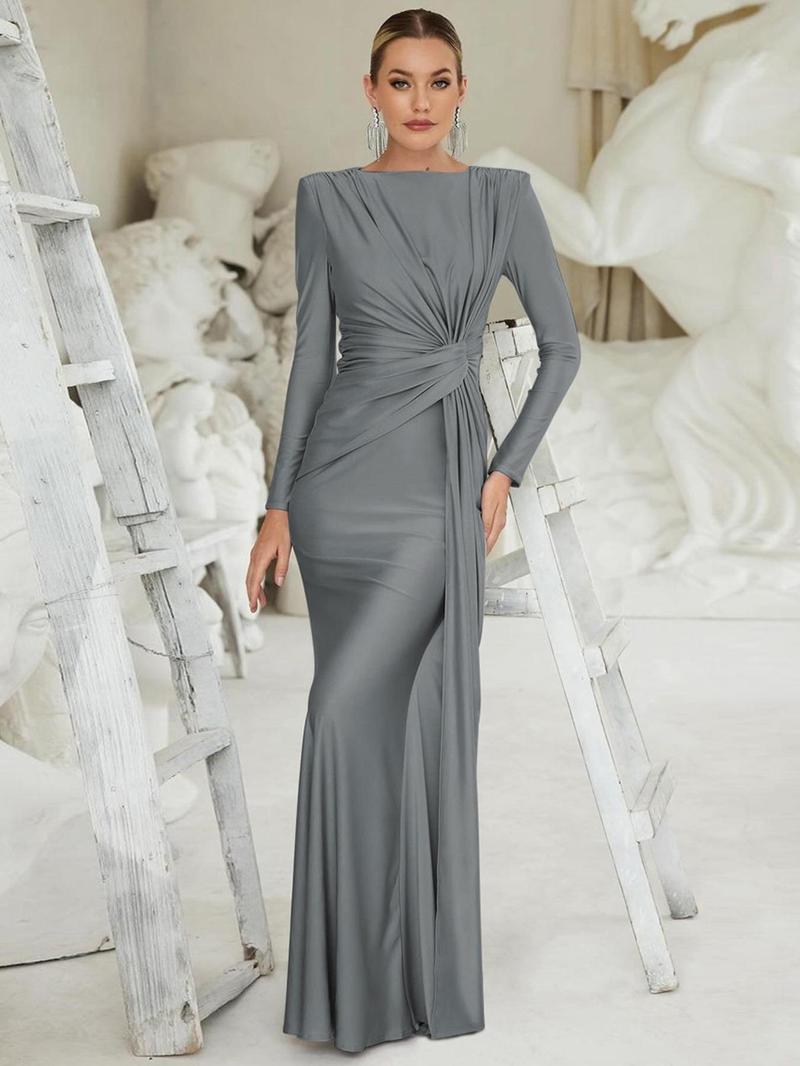 Product Introduction of Women's Plain Twist Boat Neck Dress, Elegant Long Sleeve Maxi Dress for Party Club Dating Wear, Women's Clothing for Spring & Fall 6