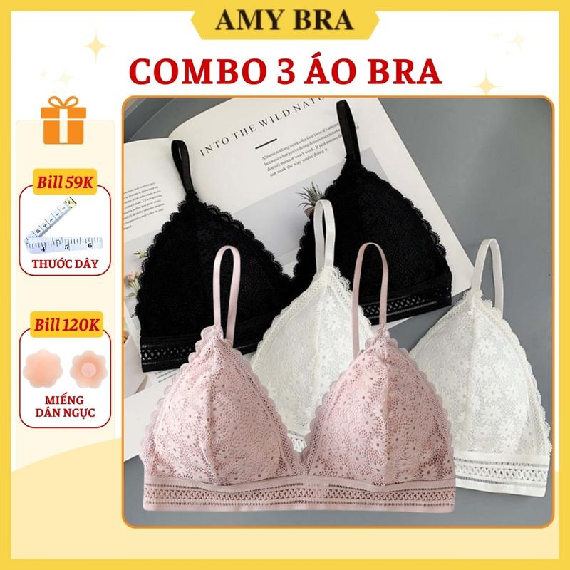 Combo 3 Áo Bra 2 Dây Ren Hoa Nhí, Set 3 Áo Ngực Không Gọng Mút Mỏng Siêu Xinh AMYBRA B7156 Nữ Nhung Women Cotton Voi Kim Tuyến Dệt