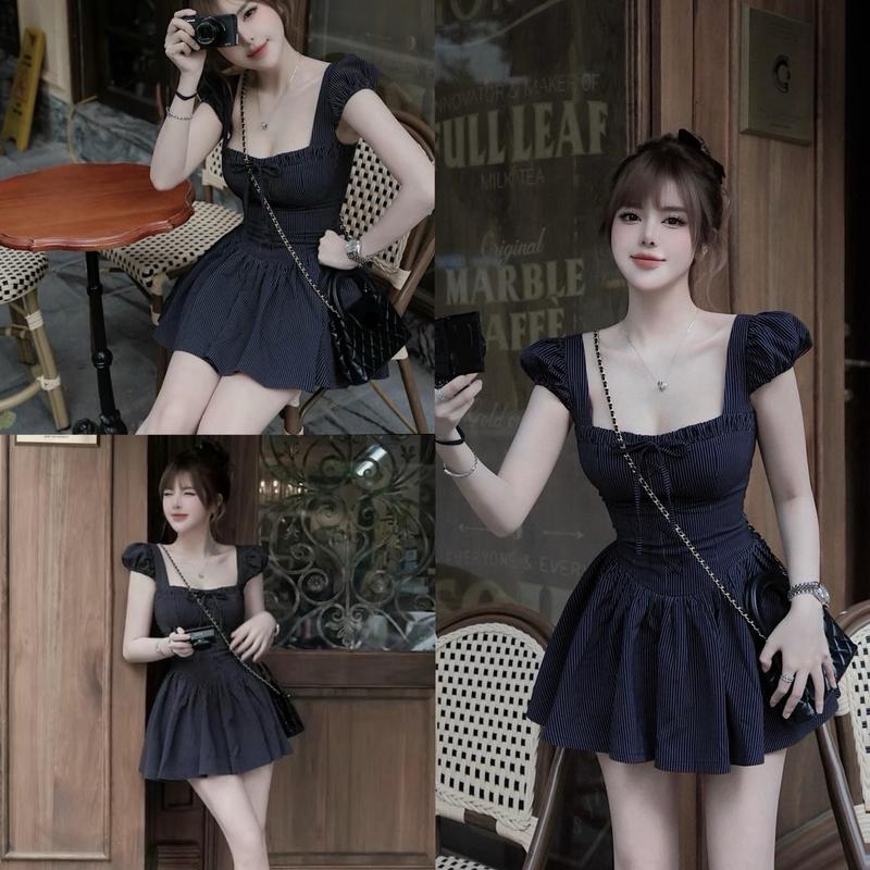 Váy Cổ Vuông Xinh Xắn️ Kẻ Nơ Xanh Than Tay Bồng - DinhLanAnhStore