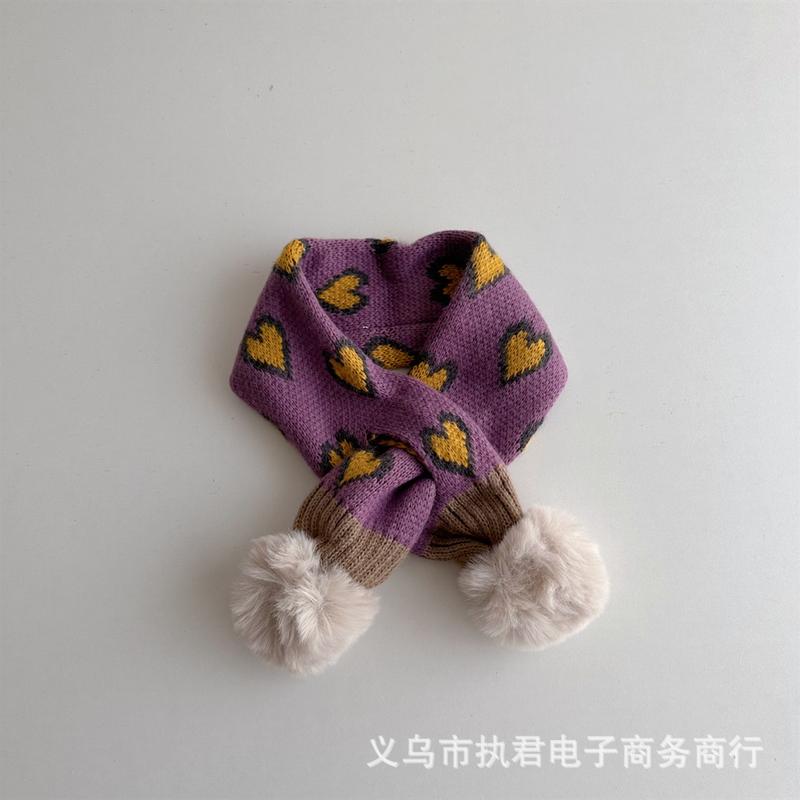 Product Introduction of Children's Scarf Cute Double Ball Love Pattern Knitted Cross Scarf Korean Style Baby Windproof Neck Protection Warm Neck Warmer 7