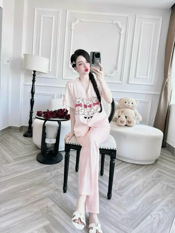 (40-76kg) Pijama Đồ bộ ngủ dành cho nữ cổ tròn tay ngắn quần cộc lụa xước ánh kim 40-76kg 7