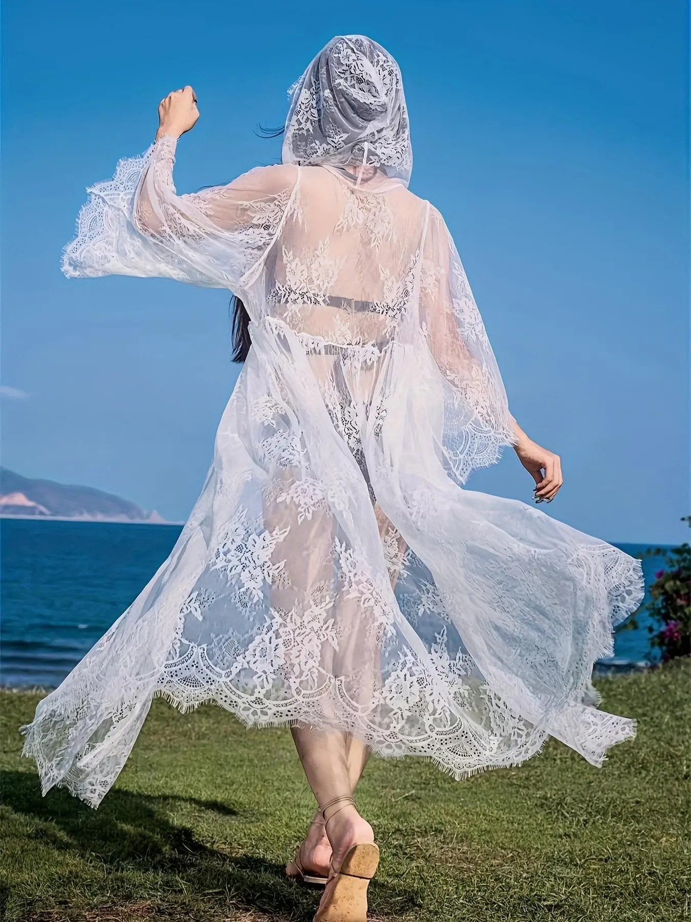Women's Solid Color Lace Sheer Hooded Cover Up, Casual Elegant Long Sleeve Open Front Cover Up for Beach Holiday Vacation, Ladies Swimwear for All Seasons