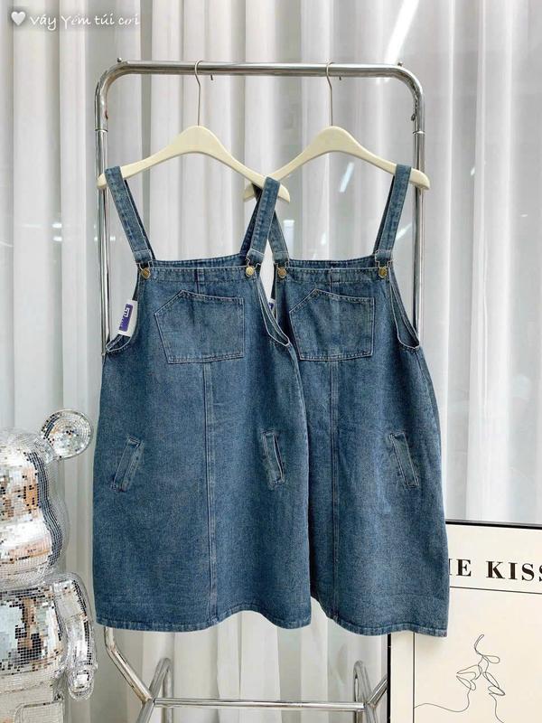Váy Yếm Jean dáng dài có túi trước, Yếm Jean Demin hai dây phong cách Hàn Quốc TH099