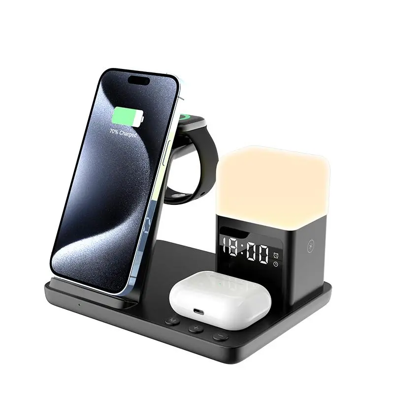 6 in 1 Multi-Functional 15W Wireless Charger Stand with Night Light, Clock, Alarm, for iPhone 11/12/13/14/15/16, Airpods 3/4/Pro, and iWatch 2/3/4/5/6/7/8/9/10/SE