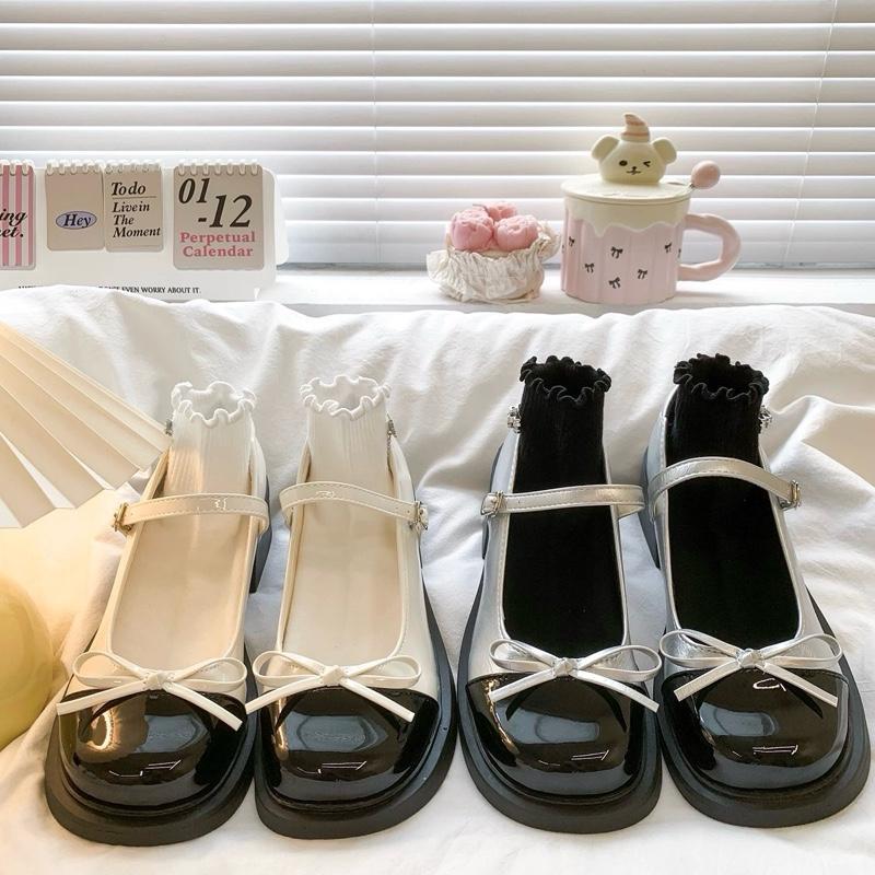 Giày búp bê lolita nữ cao gót 5p gắn nơ giữa thời trang