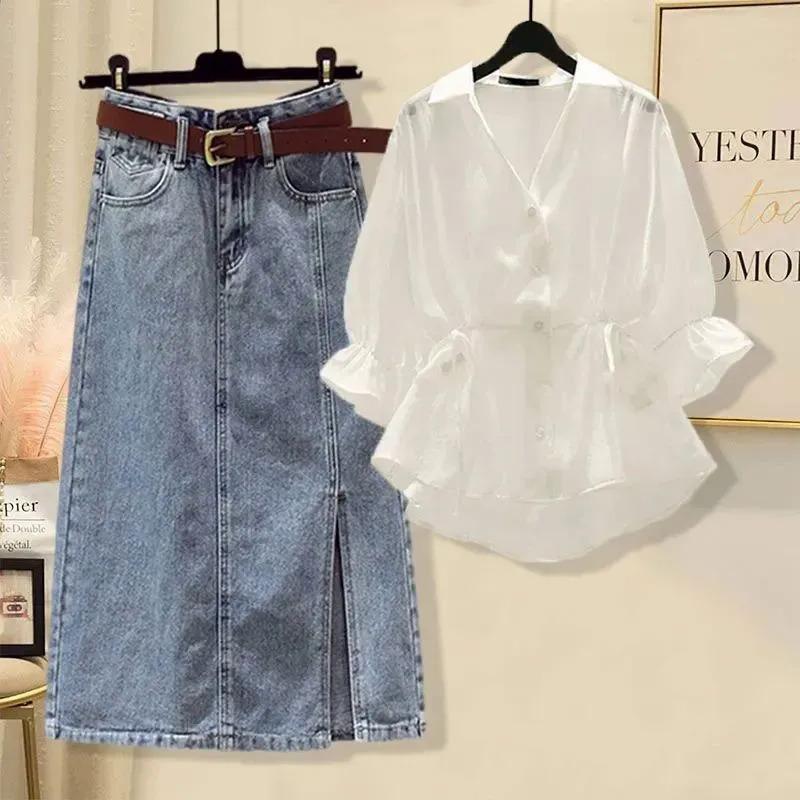 Product Introduction of 2Pcs Dress Women Korean Style Plus Size Suit Women's Design Sense Western Style Shirt Slim Denim Skirt Female Trend Skirts for Women 4
