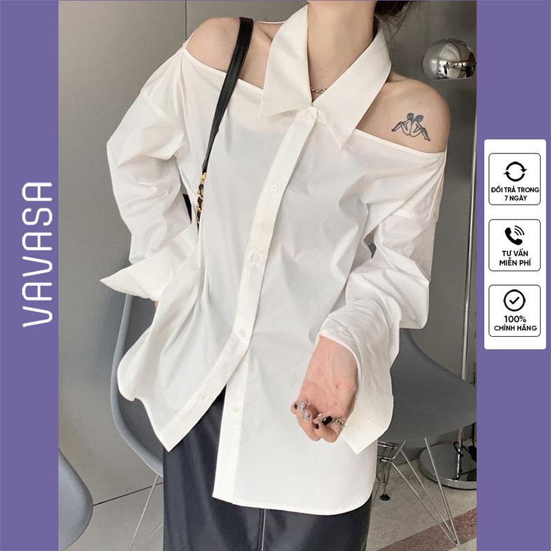 Áo sơ mi nữ dài tay trễ vai cổ yếm form rộng chất vải không nhăn cao cấp VAVASA SM108