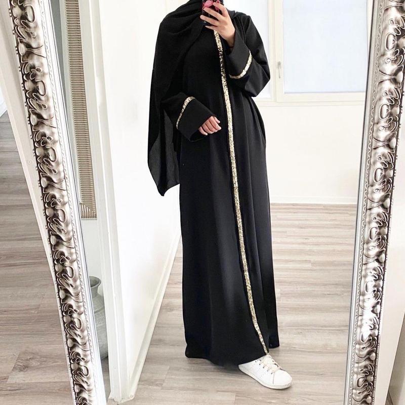 Middle East New Muslim Women's Wear Robe Stitching Trim Sequins Dress Solid Color Chiffon Robe 4